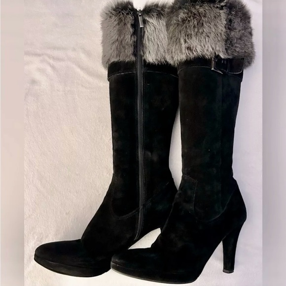 Carisma Made In Italy Knee High Black Suede Boots with Fur Trim - Picture 1 of 12